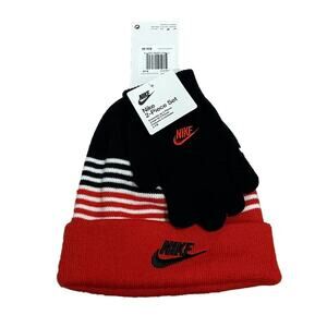 Nike Striped Beanie Gloves Boy's 2 Piece Set Black White Red